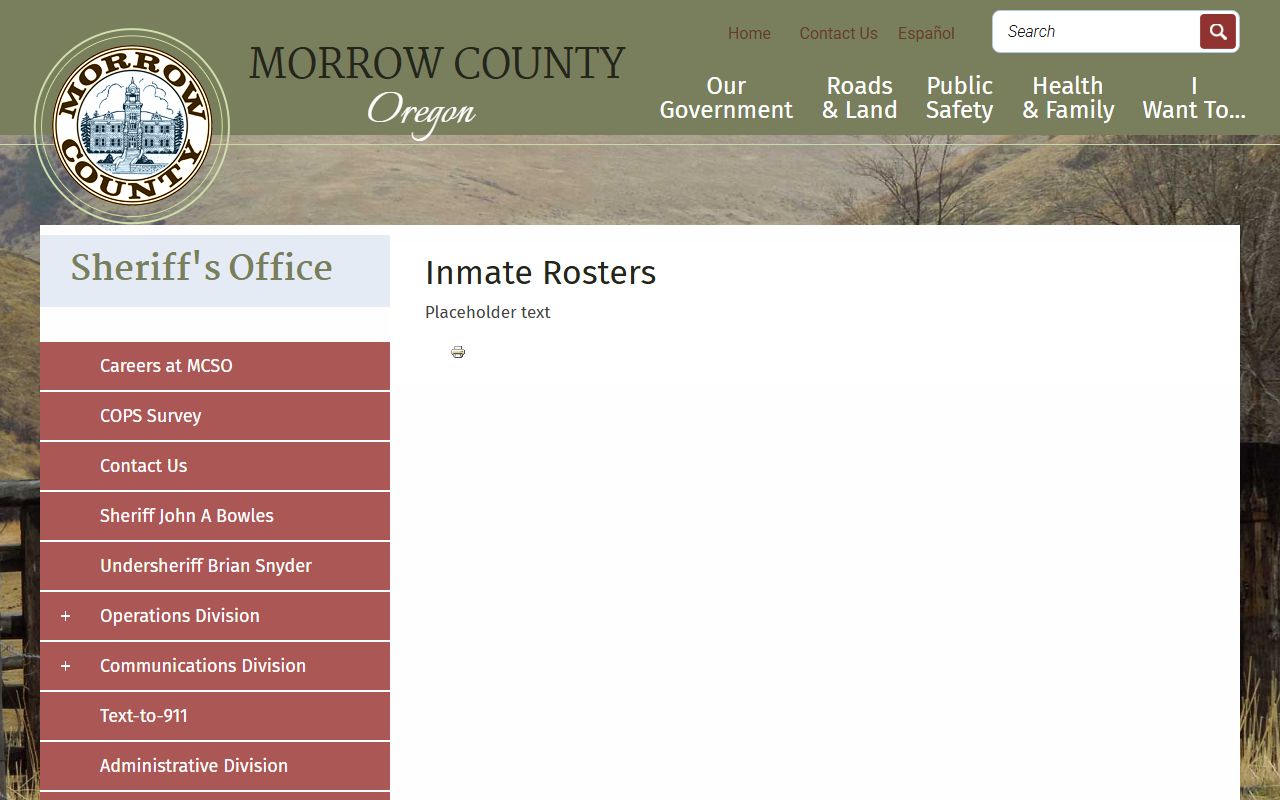 Morrow County jail roster search page