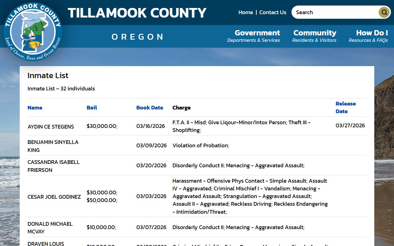 Tillamook County jail roster search page